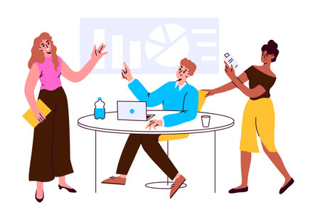 A team of business people discuss scheduling and business development. Working together in the office. Flat vector illustration on white backgroundのイラスト素材