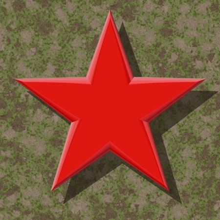 Five-pointed red star on brown-green camouflage backgroundの写真素材