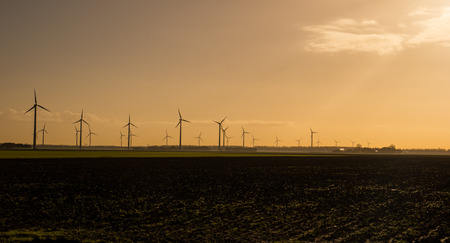 Wind turbines at sunrise in Dutch landscape