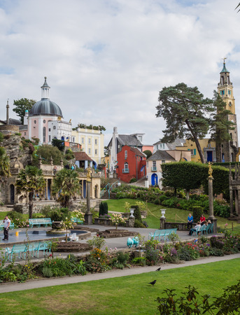 PORTMEIRION, WALES - 27 SEPTEMBER 2013: Piazza and buildings in the small Welsh village of Portmeirion, built in italianate style and filled with follies. The architecture attracts many visitors.のeditorial素材
