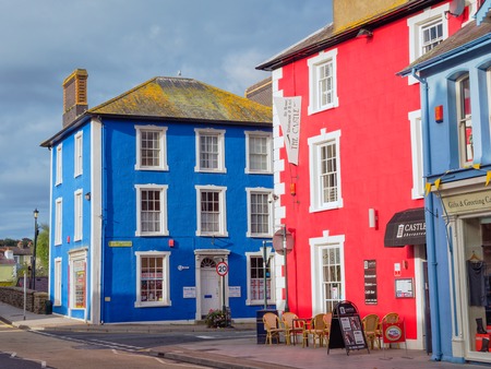 ABERAERON, WALES - 5 OCT. 2013: View on a street with colorful Regency style houses which are so typical for the town of Aberaeron in Wales, which has also featured on many UK postage stampsのeditorial素材