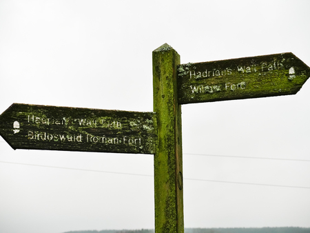 Signs at Hadrians Wall at Birdoswald, Englandの写真素材