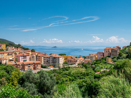View on the town and sea near Rio Marina, Elbaの写真素材