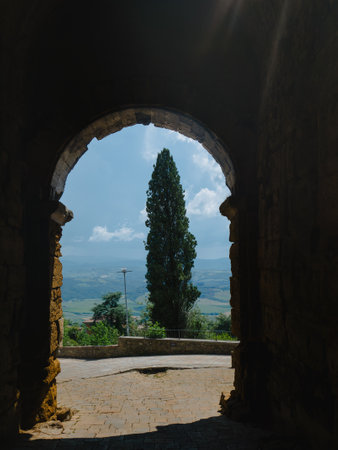 Cypress tree seen through the town gates of Volterra, Italyの写真素材