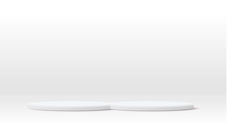 Two big size white round pedestal podium that rounded edges.For place goods,cosmetics,cartoon model,design fashion,food,drink,fruit or technical tools advertising.3D illustration.の写真素材
