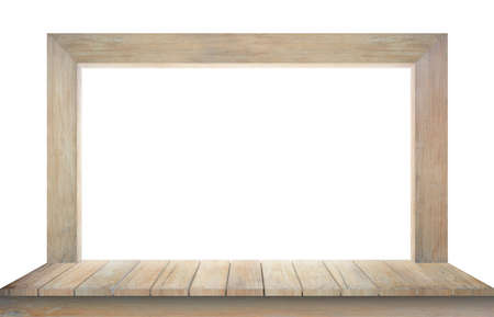 Wooden table and frame isolated on white background.for design layout or graphic of food,drink or etc.View of copy space.の写真素材