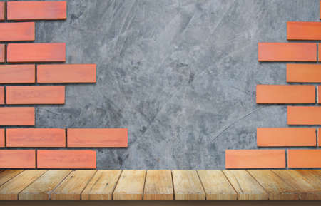 Wooden table top on loft concrete brick wall background.For montage product display or design key visual layout.Place technician  construction equipment.Kitchen or interior concept.view of copy space.の写真素材