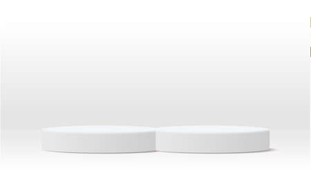 Two big size white round pedestal podium that rounded edges.For place goods,cosmetics,cartoon model,design fashion,food,drink,fruit or technical tools advertising.3D illustration.の写真素材