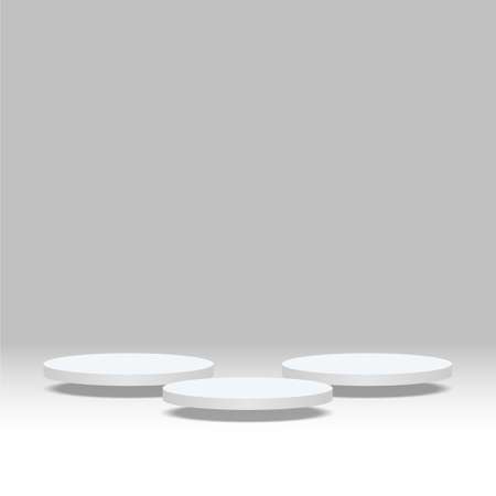 Three one layer white round pedestal podium that floating in the air.For place goods,cosmetics,cartoon model,design fashion,food,drink,fruit or technical tools.3D illustration.の写真素材