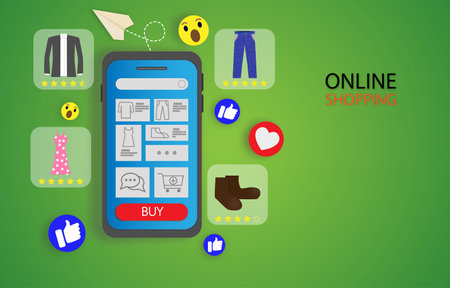 Online shopping concept.Cloak,jeans,Boots and dress for choose nearly smartphone.Buy the costume on social network or application.Easy,fast and save time.view of copy space advertisement.の写真素材