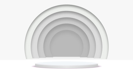 One layer big size white round pedestal podium that rounded edges and white rings background.For place goods,cosmetic,cartoon model,design fashion,food,drink or technical tool.3D illustration.の写真素材