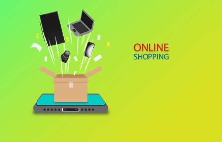 Online shopping concept.TV,laptop,smartphone and camera flying from box that on a phone.Buy technology electrical appliances on social network.Easy,fast and save time.view of copy space.の写真素材