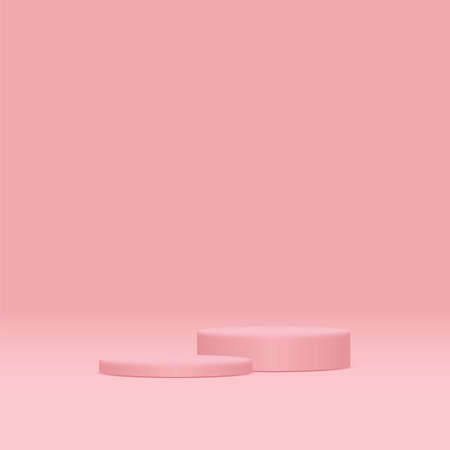 Two pink round pedestal podiums that contiguous base.Happy love valentines day festival concept.3D illustration.の写真素材