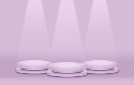 Three purple round two layers rounded pedestal podiums difference size and purple pastel background.For place goods,cosmetics,cartoon model,design fashion,food or technical tools.3D illustration.の写真素材