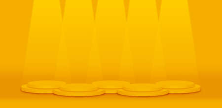 Five orange or yellow round pedestal podiums and beam.For place goods,cosmetics,cartoon model,design fashion,food,drink,fruit or technical tools.3D illustration.の写真素材