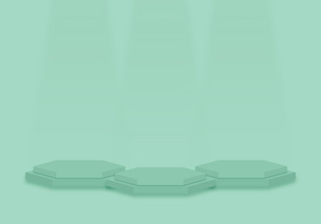 Three green pastel octagon pedestal podiums that zig zag style and white background.For place goods,cosmetics,cartoon model,design fashion,food,drink,fruit or technical tools.3D illustration.の写真素材
