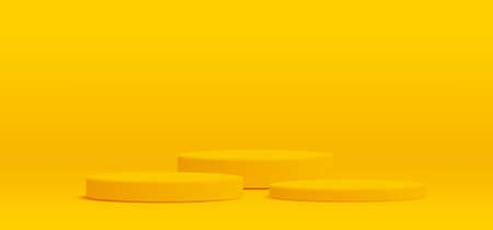 Three big size orange pastel round pedestal podium that rounded edges.For place goods,cosmetics,cartoon model,design fashion,food,drink,fruit or technical tools advertising.3D illustration.の写真素材