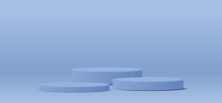 Three big size blue pastel round pedestal podium and green background.For place goods,cosmetics,cartoon model,design fashion,food,drink,fruit or technical tools advertising.3D illustration.の写真素材