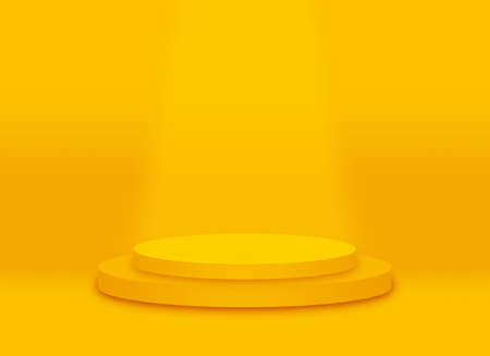 Yellow round pedestal podium that floating in the air.For place goods,cosmetics,cartoon model,design fashion,food,drink,fruit or technical tools advertising.3D illustration.の写真素材