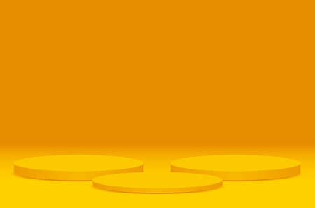 Three big size orange pastel round pedestal podium that rounded edges.For place goods,cosmetics,cartoon model,design fashion,food,drink,fruit or technical tools advertising.3D illustration.の写真素材