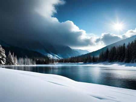 Beautiful winter landscape with mountain lake and snow-covered forest.の素材