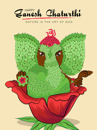 Ganesh Chaturthi. concept is nature. lord Ganesha art in leaf and flowers.のイラスト素材
