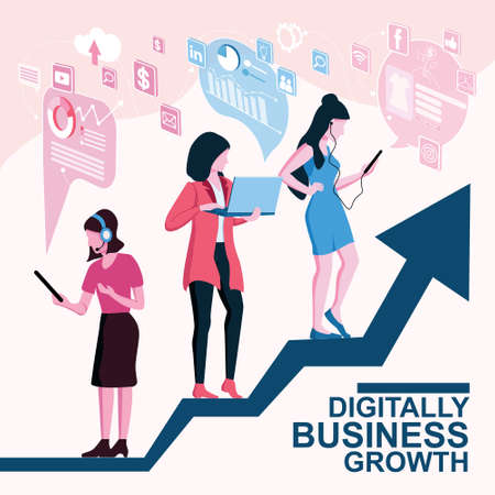 Digitally Business Growth Concept Vector, Women growing and progressing in their businesses in digital domain.のイラスト素材