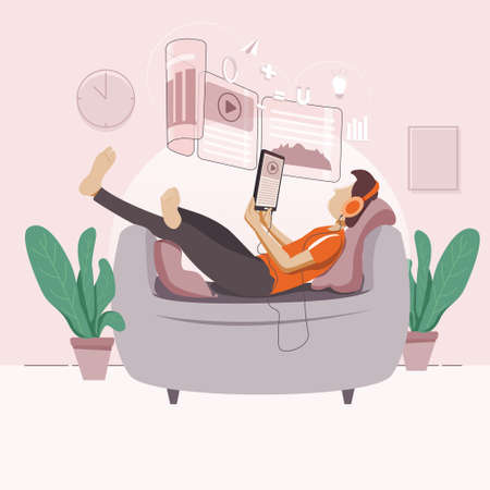 A boy studying Online with relax mode Illustrationのイラスト素材