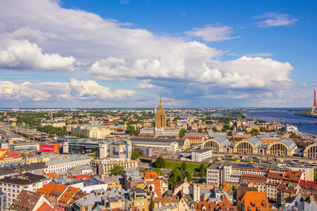 RIGA, LATVIA - JUNE 26, 2014. View from the St. Peter's Church on 26 June 2014. St. Peter's Church one of the most attractive building in Old Town.のeditorial素材