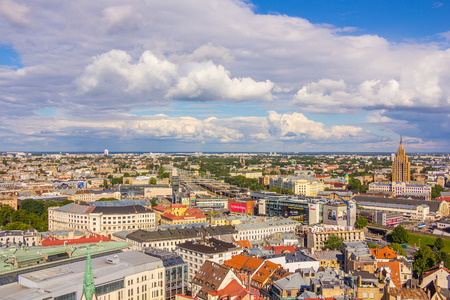 RIGA, LATVIA - JUNE 26, 2014. View from the St. Peter's Church on 26 June 2014. St. Peter's Church one of the most attractive building in Old Town.のeditorial素材