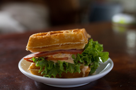 Waffles, bacon filling with cornの写真素材