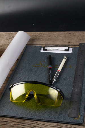 Engineers orange safety glasses for no harm.の写真素材