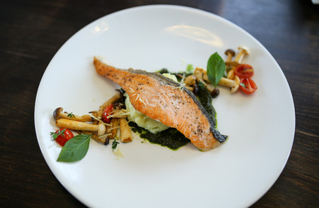 Salmon fried with chili mashed potatoes.の写真素材