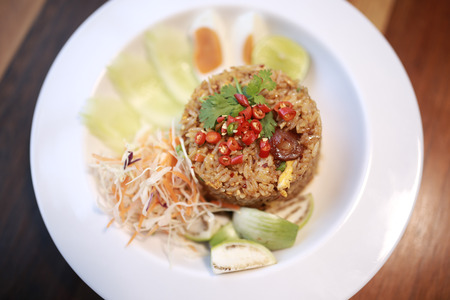 Shrimp Fried Rice with lemon on a table.の写真素材