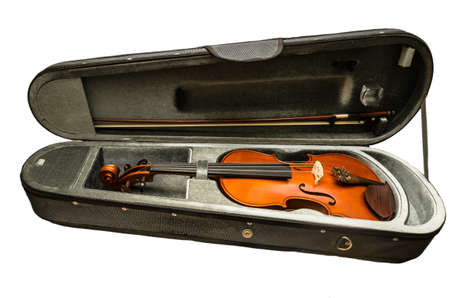 violin case and violin isolated on white backgroundの写真素材