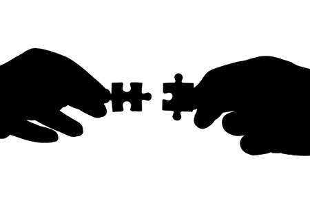 hand and puzzle isolated on white backgroundの写真素材