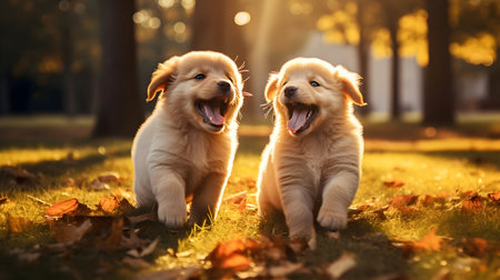 Two golden retriever puppies playing in the autumn park on a sunny dayの素材