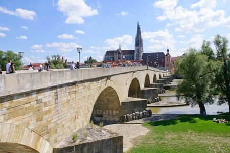Stone Bridge and Old Town - Regensburg, Germanyの写真素材