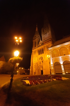 Night view of the Cathedral of the Assumption of the Virgin Mary in Zagreb, Croatiaのeditorial素材