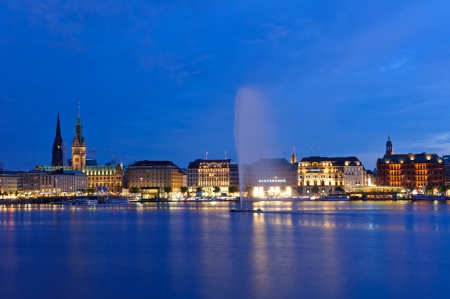 Old city of Hamburg and the Alster at duskの写真素材