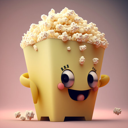 Happy Popcorn Character. A High Quality illustration created with generative AI Technology.の素材
