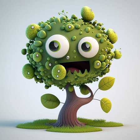 Cute Green Summer Tree Cartoon Character. A High Quality illustration created with generative AI Technology.の素材