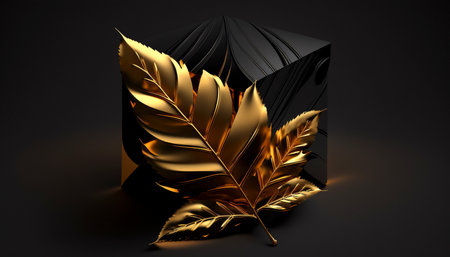 wallpaper of golden leaf on black background. A illustration created with generative AI Technology.の素材