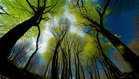 Beech Trees Forest in Early Spring from below fresh green leaves. A illustration created with generative AI Technology.の素材