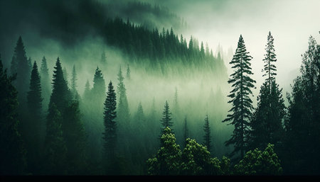 Green forest with fog and clear blank space. A illustration created with generative AI Technology.の素材