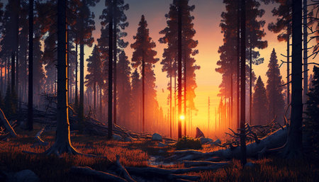 Sunrise in pine forest. A illustration created with generative AI Technology.の素材