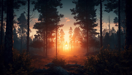 Sunrise in pine forest. A illustration created with generative AI Technology.の素材