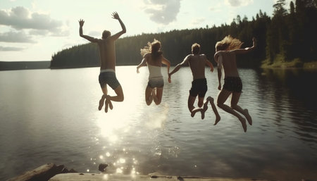 Having fun on summer day. Group of friends jumping into the lake. A illustration created with generative AI Technology.の素材