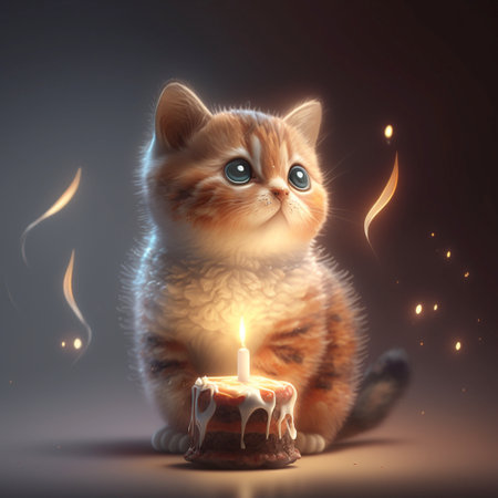 Cute cat birthday cake with a candle. A illustration created with generative AI Technology.の素材