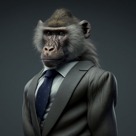 Cute baboon dressed in a formal business suit. A illustration created with generative AI Technology.の素材
